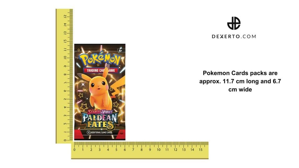 Pokemon card pack with two rulers. The text reads that Pokemon card packs are 11.7 x 6.7 cm