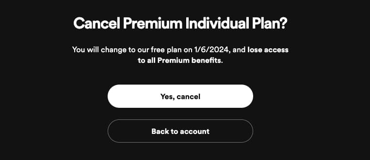 How to cancel your Spotify premium account screen