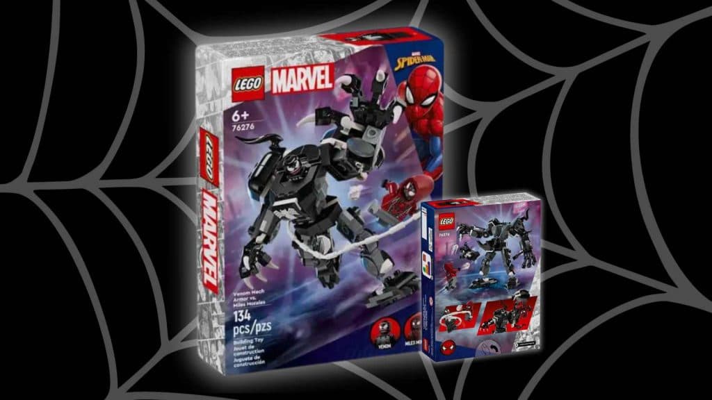 The LEGO Marvel Venom Mech Armor vs. Miles Morales set on a black background with a spider-web graphic.