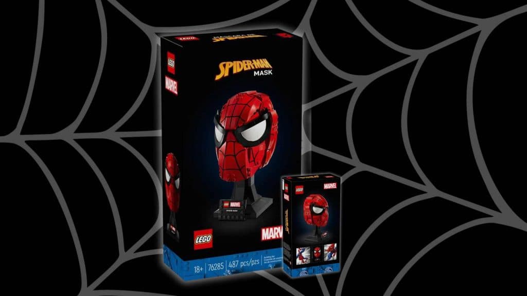 LEGO Marvel Spider-Man’s Mask set on a black background with a spider-web graphic.
