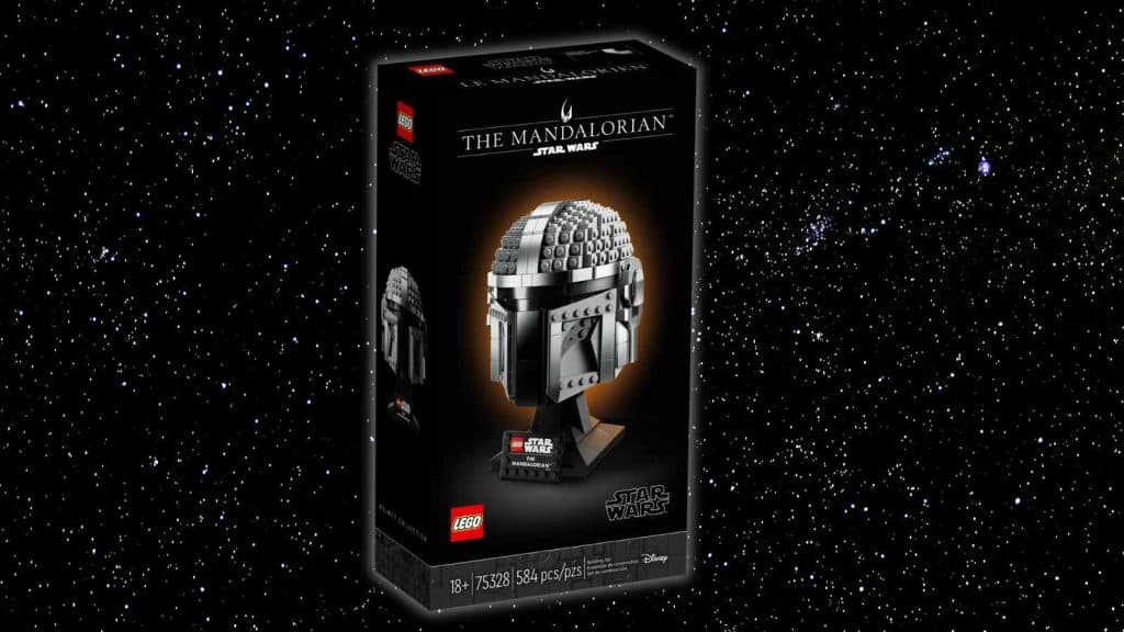 The LEGO Star Wars The Mandalorian Helmet on a galaxy background.