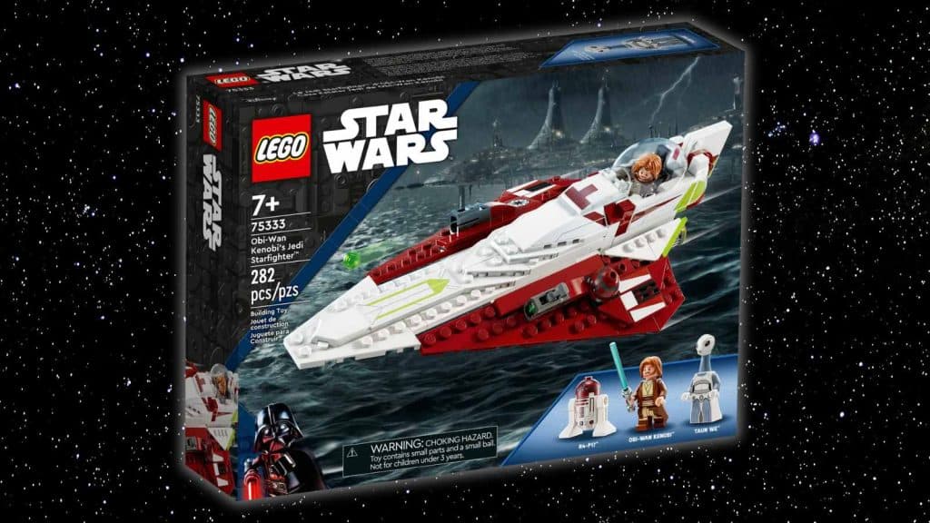 The LEGO Star Wars Obi-Wan Kenobi’s Jedi Starfighter on a galaxy background