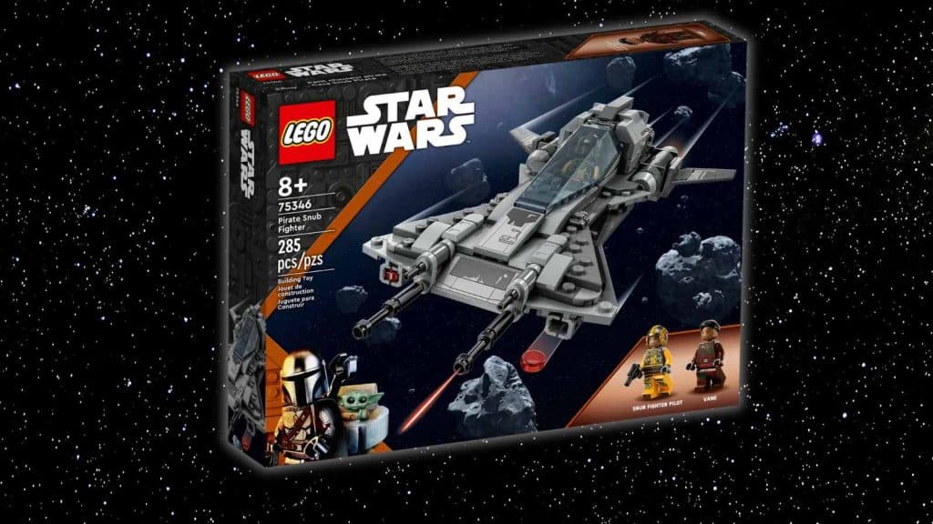 The LEGO-reimagined Pirate Snub Fighter on a galaxy background