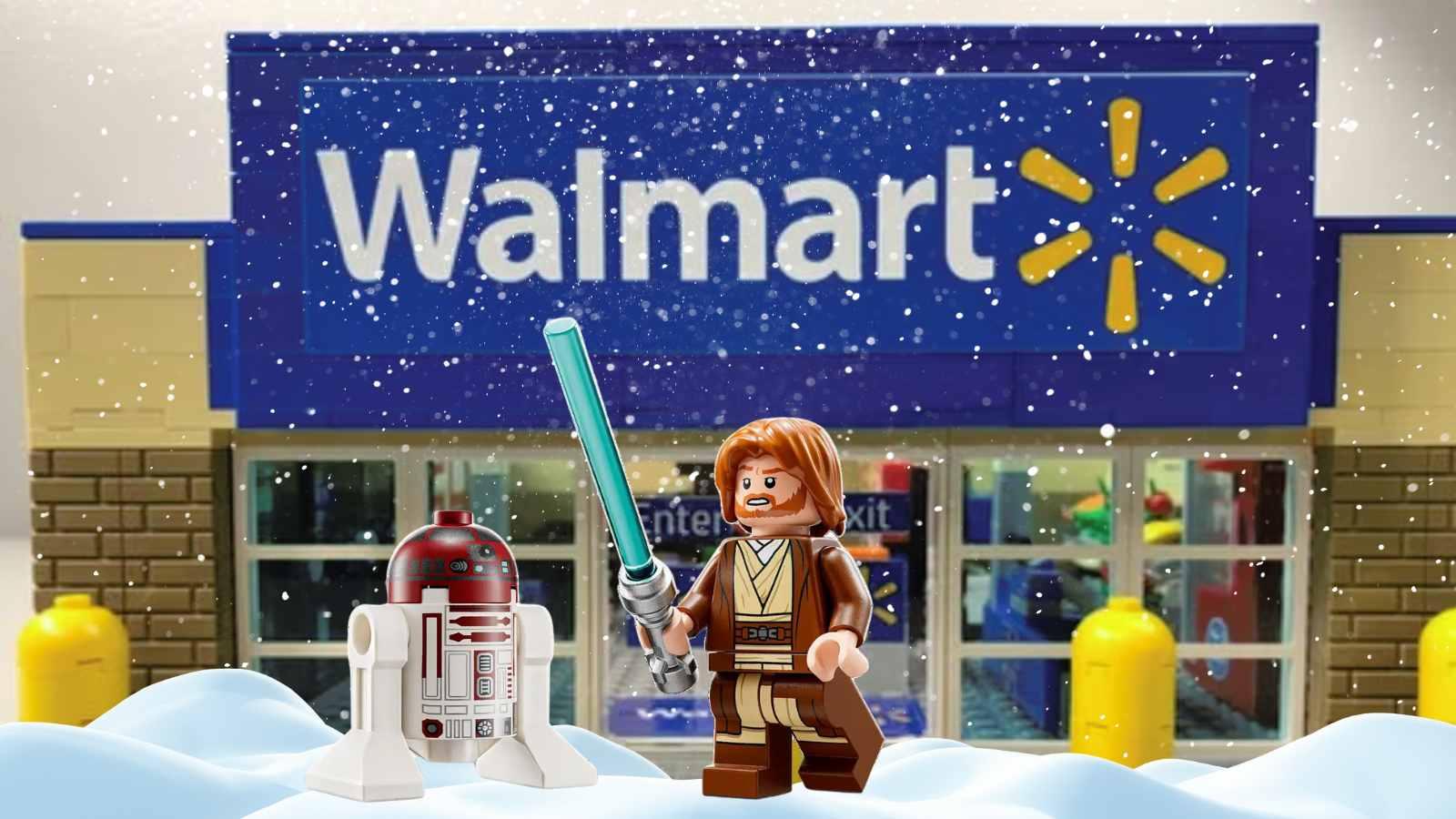 LEGO Star Wars Obi-Wan Kenobi and droid figure in front of Walmart entrance