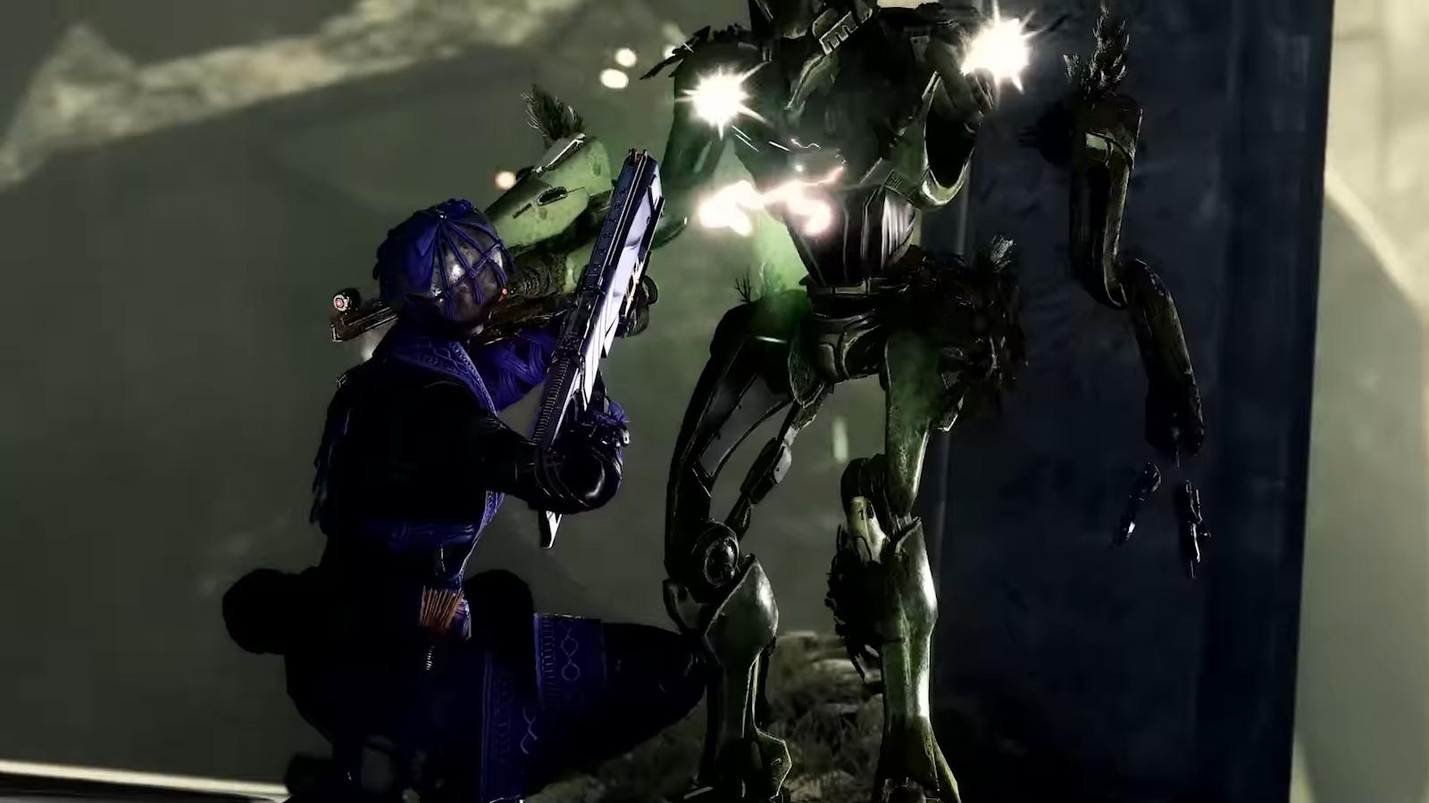 Guardian with shotgun shooting Vex in Destiny 2's Season of the Wish.
