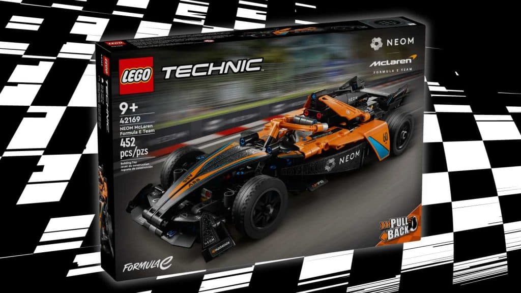LEGO Technic NEOM McLaren Formula E Race Car set on a black background with a racing-flag graphic.