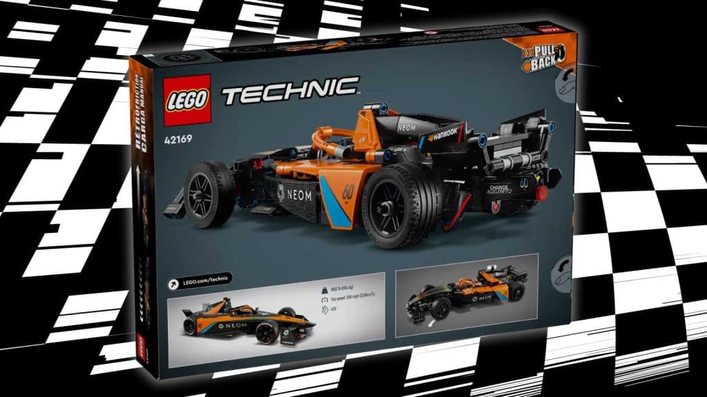 LEGO Technic NEOM McLaren Formula E Race Car set on a black background with a racing-flag graphic.