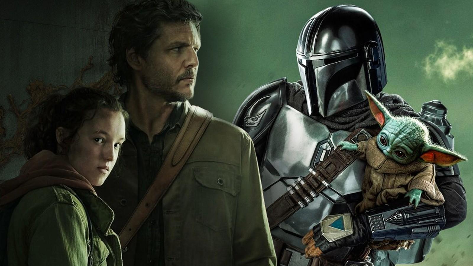 Pedro Pacal and Bella Ramsey in The Last of Us and a still from The Mandalorian