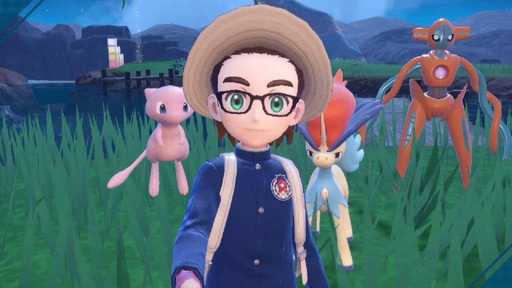 A Pokemon trainer poses for a selfie in front of several mythical Pokemon