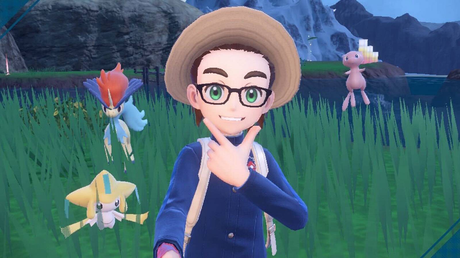 A Pokemon trainer poses for a selfie in front of several mythical Pokemon