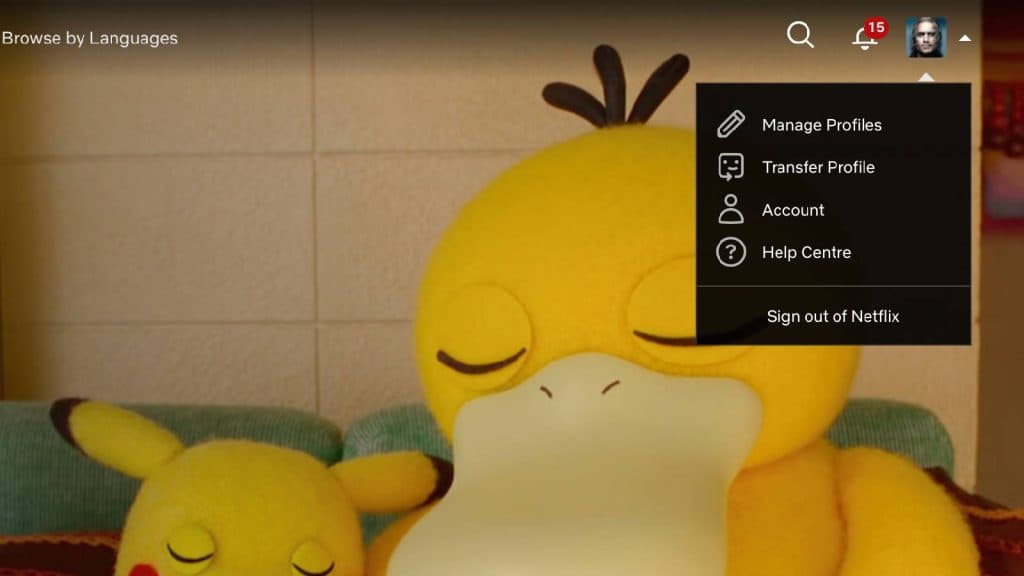 A Netflix menu displays Pokemon Concierge, and the option to access the profile menu