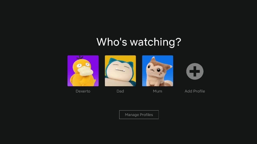 A Netflix menu displays multiple profile icons based on Pokemon characters