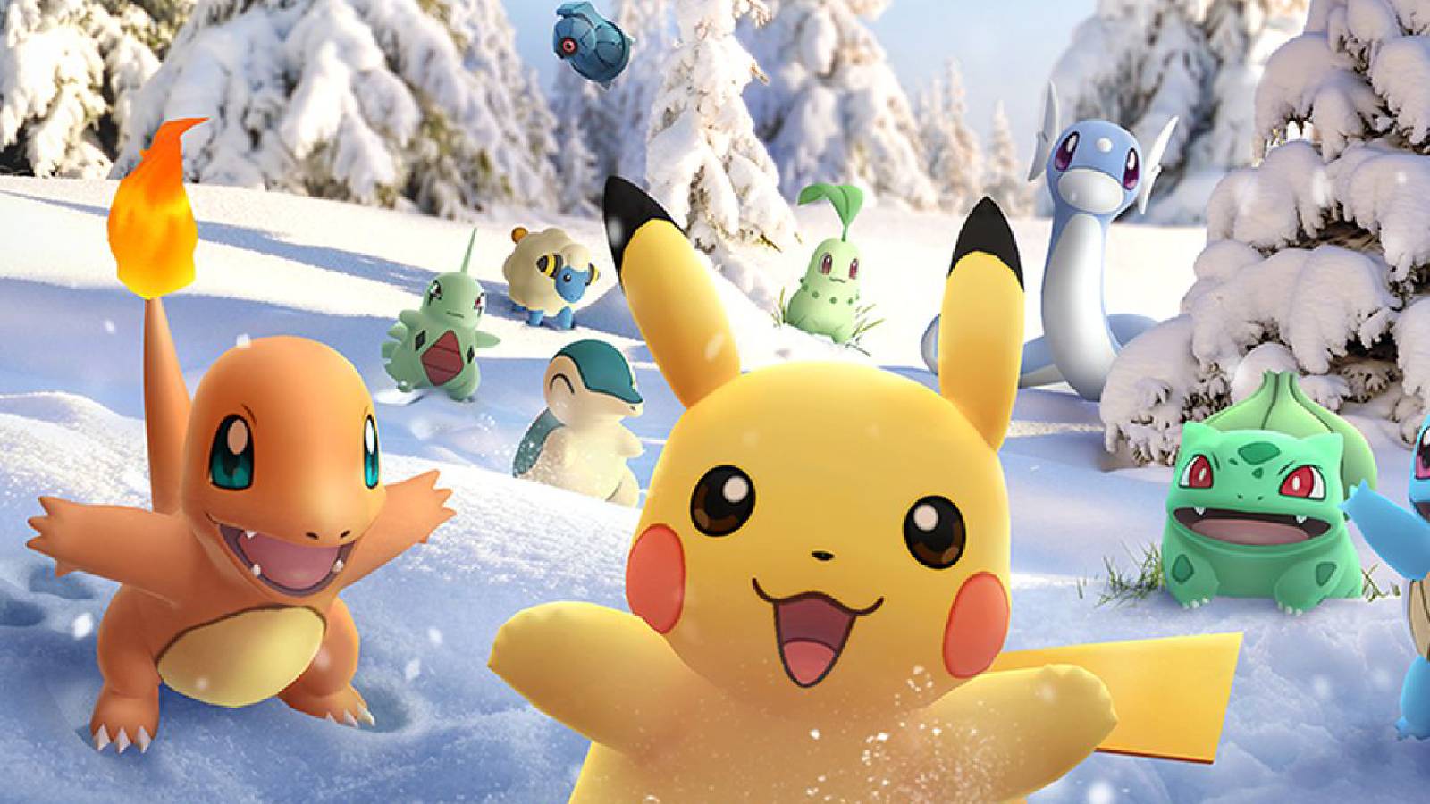 Pikachu and other Pokemon are stood in the snow, looking excited