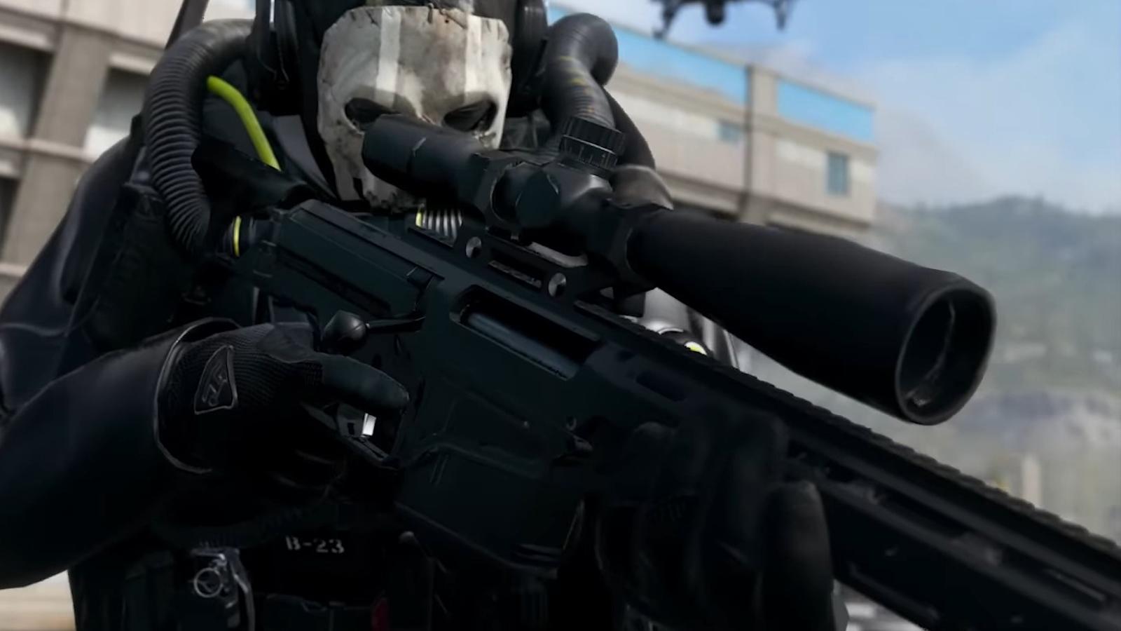 Ghost in Warzone aiming in with MCPR-300 sniper rifle.