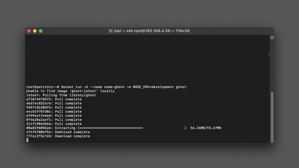 terminal showing docker pulling in an app as an example