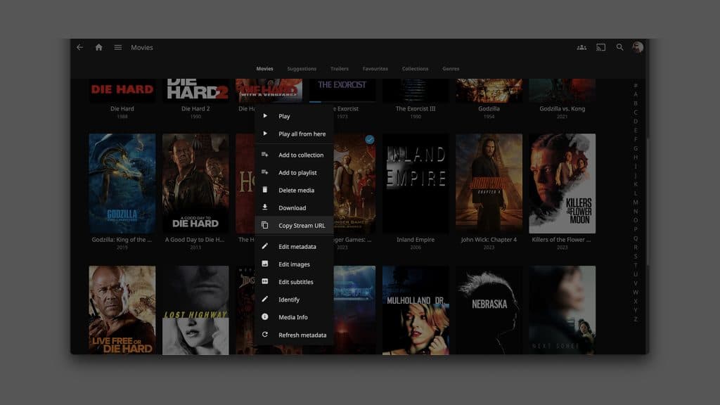 movie page on jellyfin with menu open