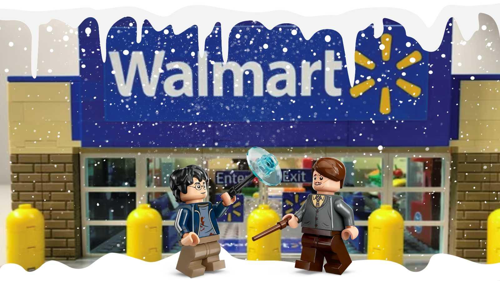 LEGO Harry Potter minifigures in front of Walmart background.
