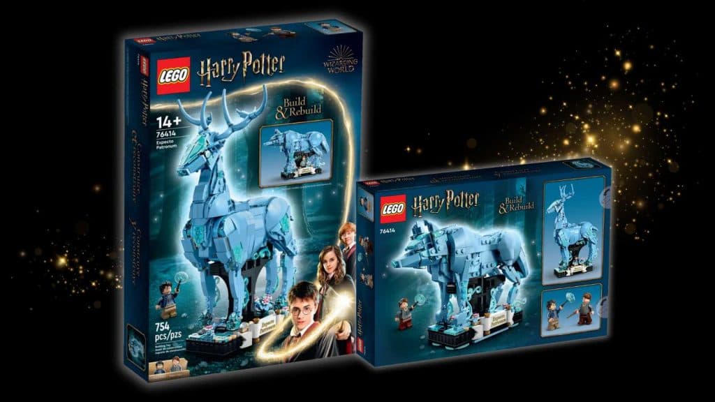 LEGO Harry Potter Expecto Patronum set on a black background with 'magic' graphic.
