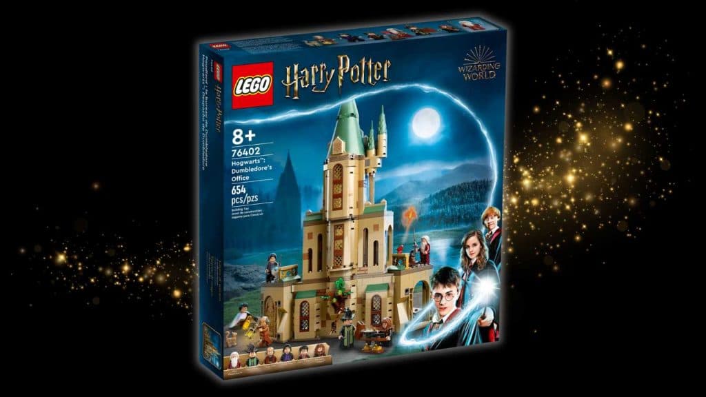 LEGO Harry Potter Hogwarts: Dumbledore’s Office on a black background with a 'magic' graphic