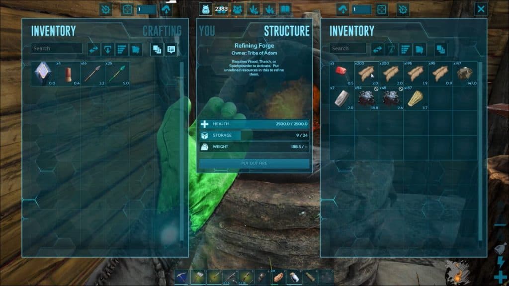inventory screen for making gasoline in ark survival ascended