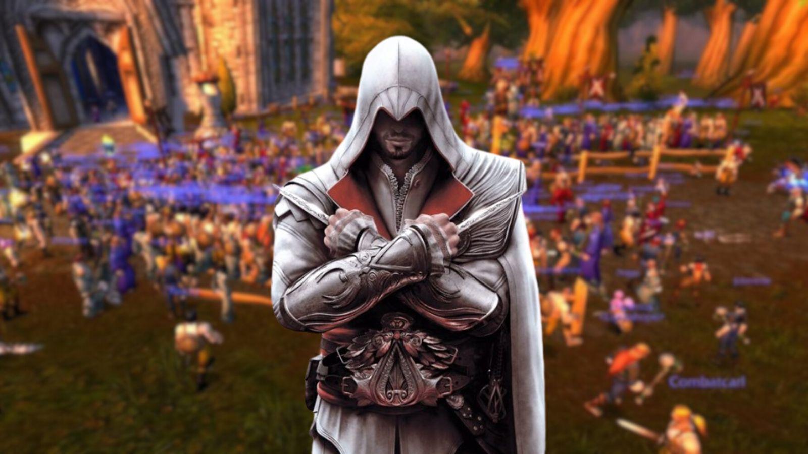 Ezio stands before a background of Season of Discovery players