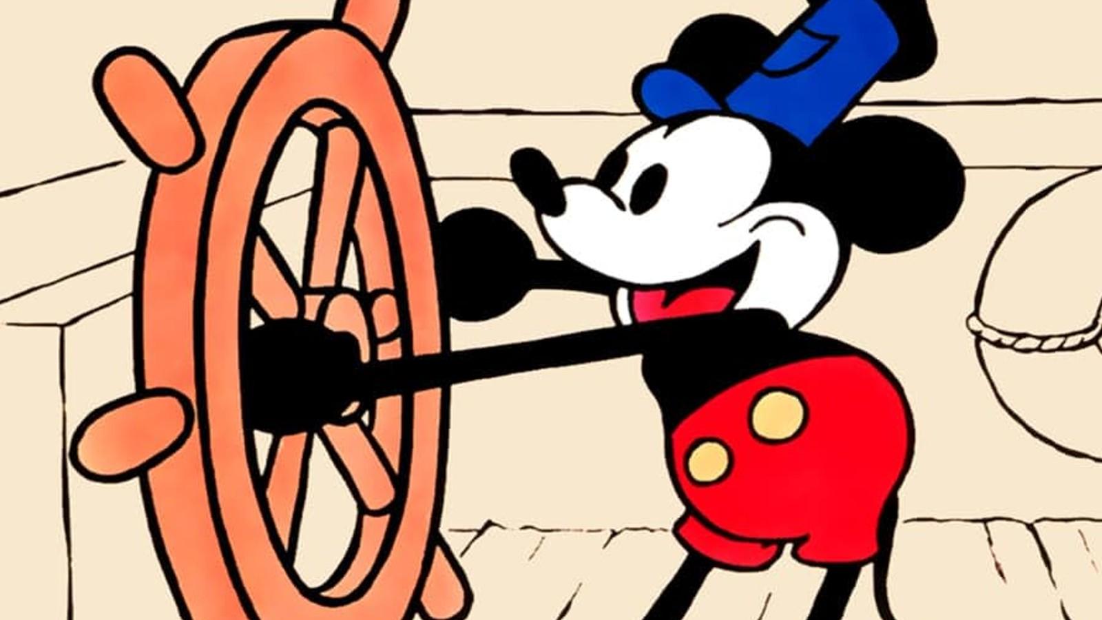 Mickey Mouse sailing a boat in Steamboat Willy.
