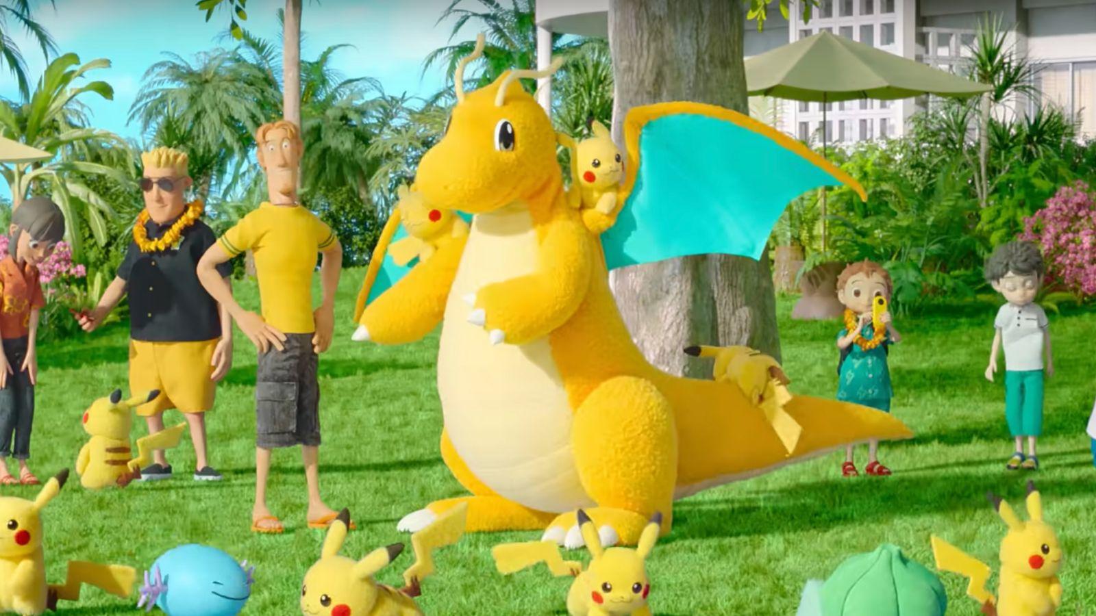 Clay Dragonite, Pikachu, Bulbasaur and other Pokemon frolicking in a frame from Netflix Pokemon Concierge series