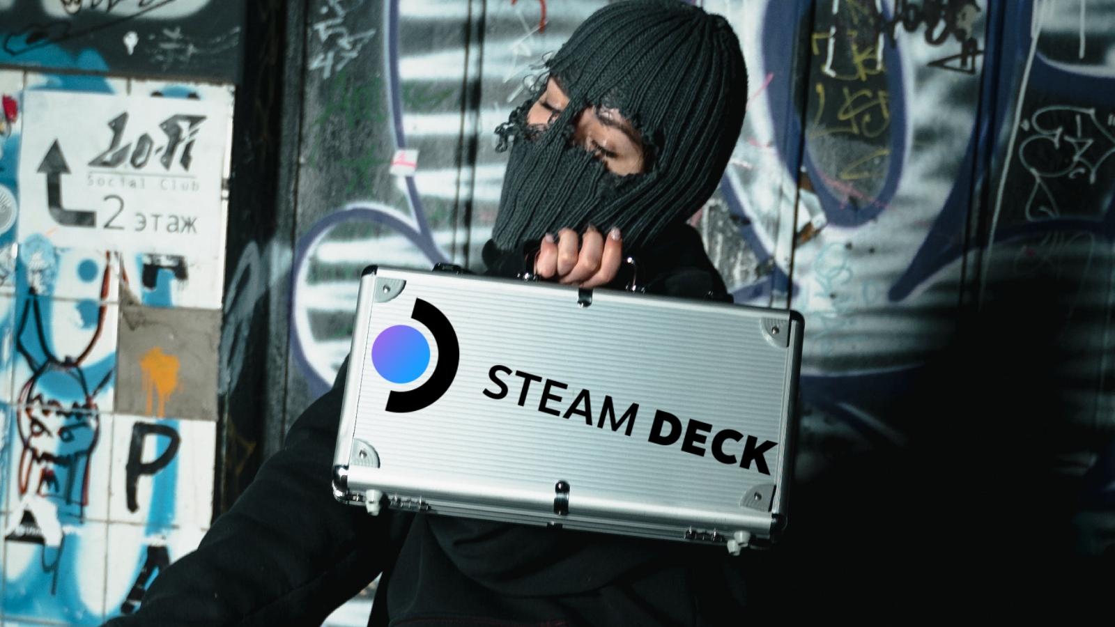 Robber holding a silver briefcase with a Steam Deck logo inside of a warehouse with graffiti on the walls.