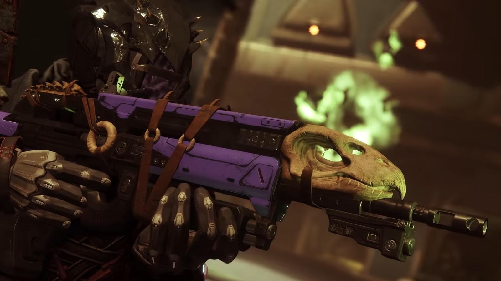 Guardian aiming in with Bad Juju Exotic Pulse Rifle in Destiny 2.