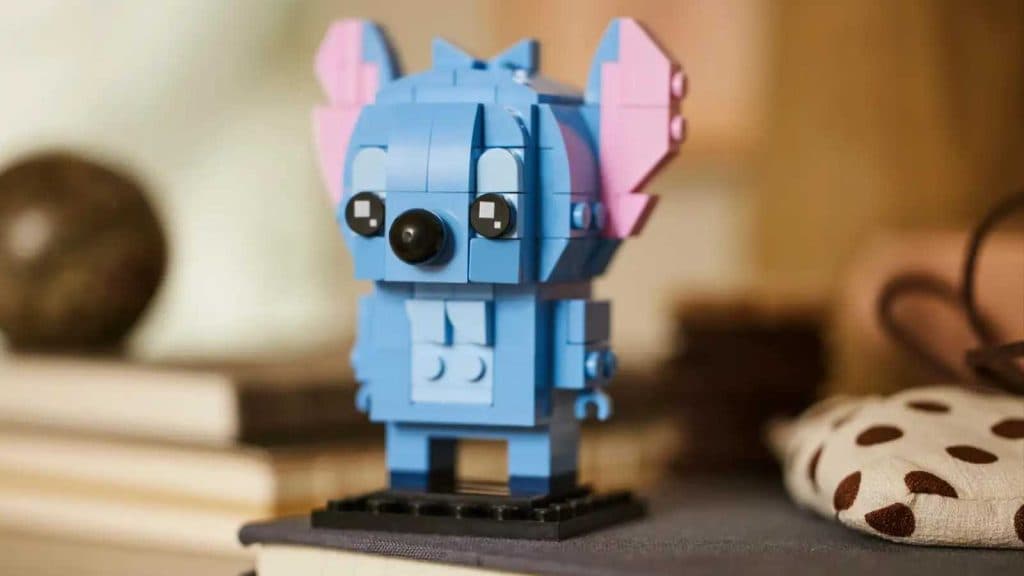 LEGO-reimagined Stitch figure on display.