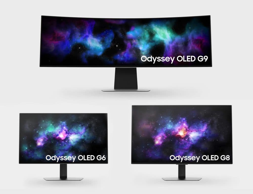Image of all three new Odyssey OLED Samsung gaming monitors, on a white background.