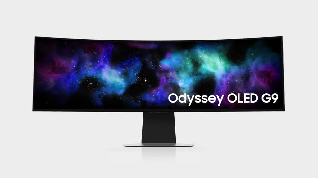 Image of the curved Samsung OLED G9 gaming monitor.