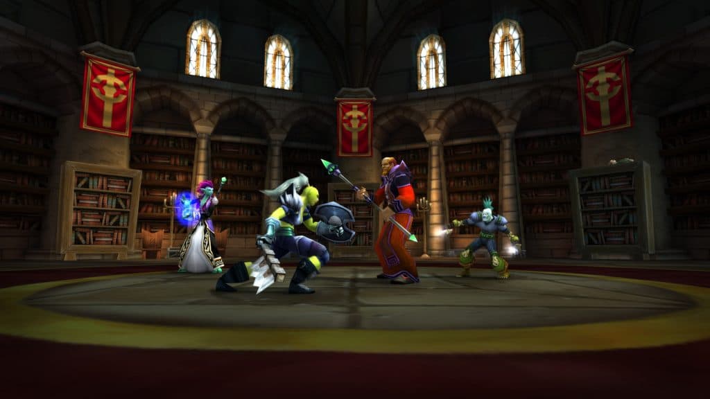 Warriors fight an enemy in the Scarlett Monastery (Best Dungeons list).