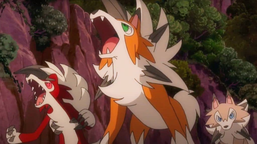 All three different forms of Lycanroc stand together and roar