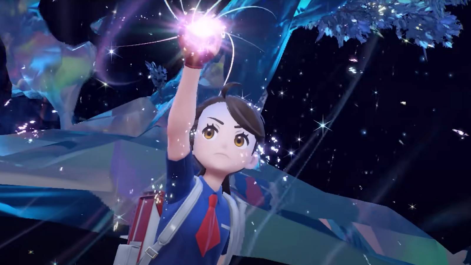 A Pokemon trainer holds a Pokeball aloft, with the ball overflowing with Tera energy