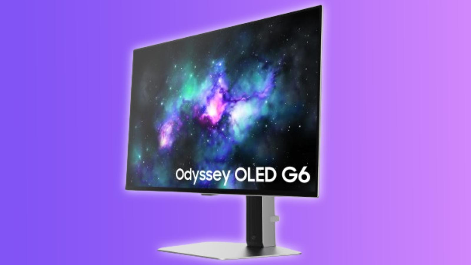 Image of the G6 Odyssey Samsung OLED gaming monitor, on a purple and pink background.