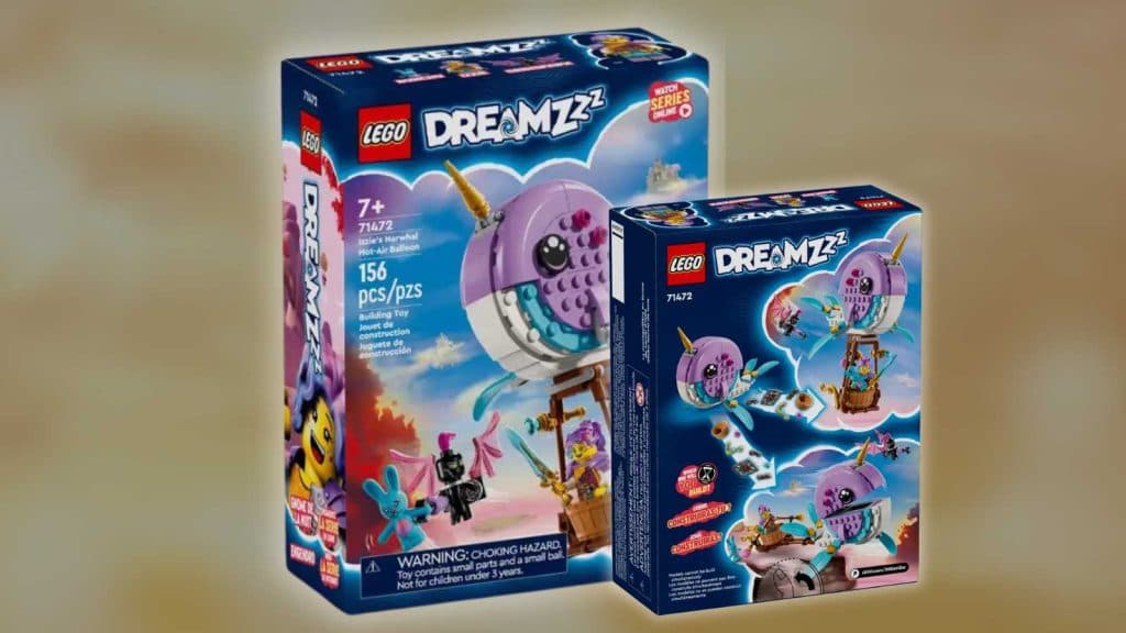 LEGO DREAMZzz Izzie's Narwhal Hot-Air Balloon on dreamy background