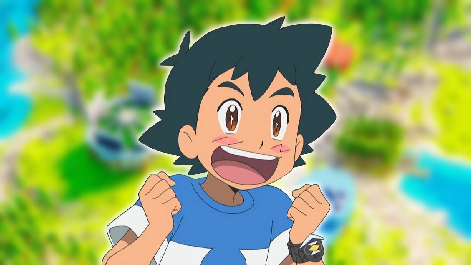 In the foreground Ash Ketchum looks excited, while the background shows a bluured image of a minecraft world