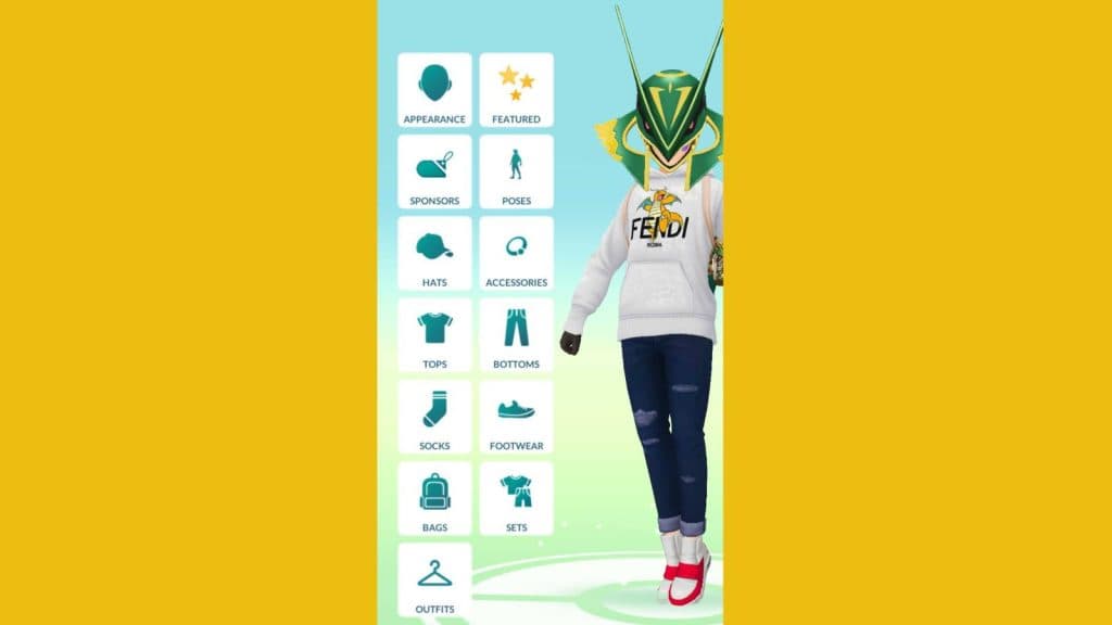 The Pokemon Go style menu is visible against a yellow background, with a player character wearing the Fendi Dragonite hoodie and a Rayquaza hat