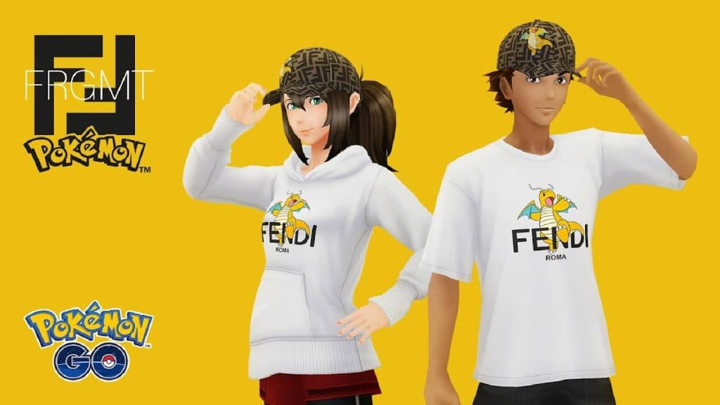 Two Pokemon Go player characters are visible, wearing the in-game Pokemon Go x Fendi x Frgmt avatar items