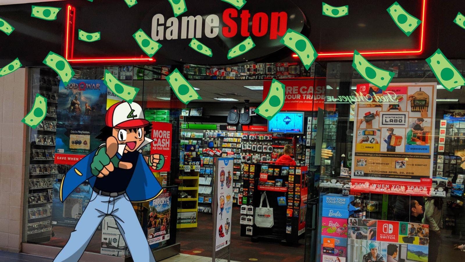 GameStop and Ash Ketchum with cash falling
