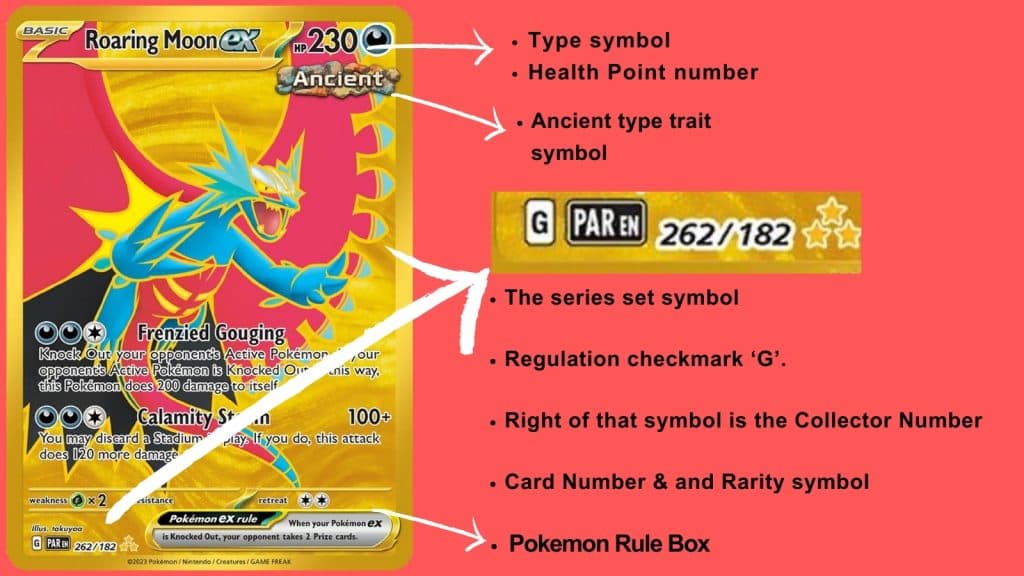 Pokemon card annotated to show the rarity symbol, energy type, regulation mark, collector number, set identifier, rule box, trait, and rarity