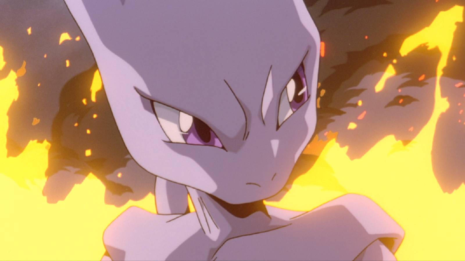 The Legendary Pokemon Mewtwo stands in the centre of the frame, with flames eminating behind it