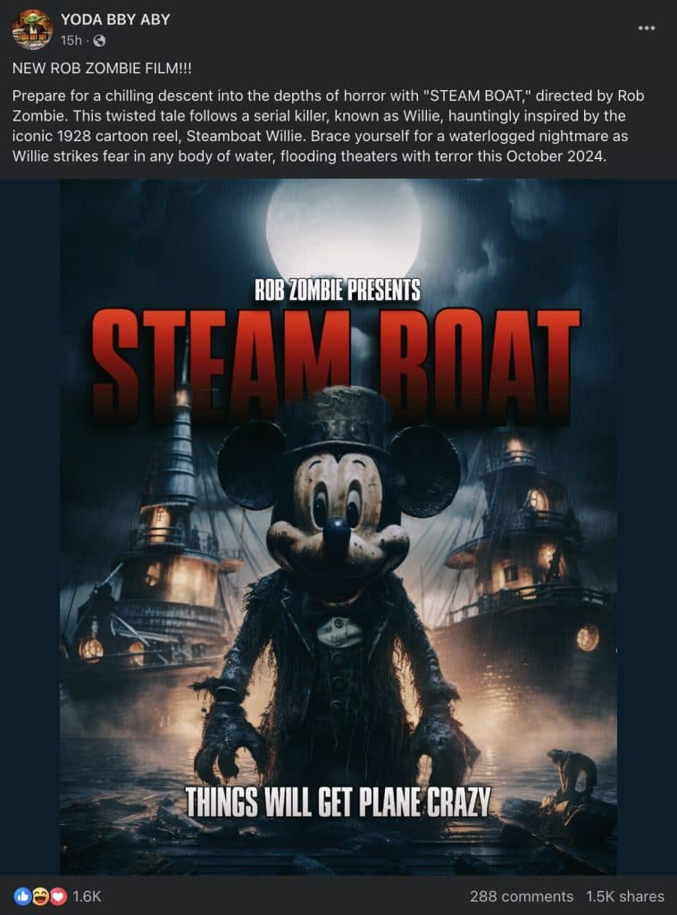 The fake poster for Rob Zombie's Steam Boat Mickey Mouse horror movie