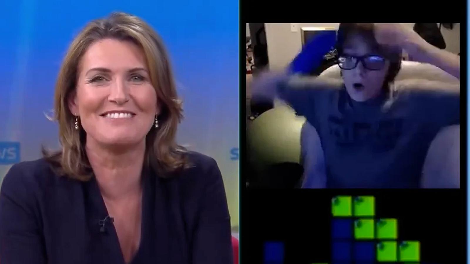 sky news presenter jayne secker next to image of Tetris master Blue Scuti
