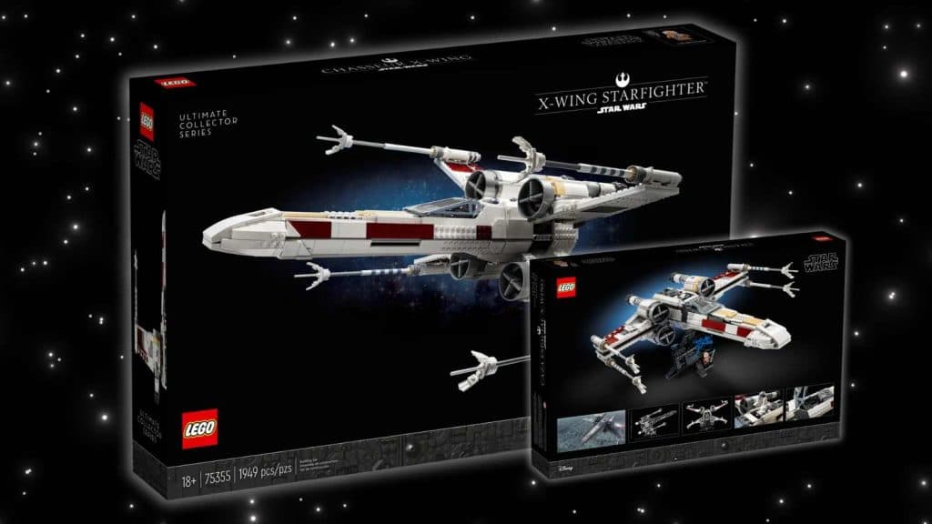 LEGO Star Wars X-Wing Starfighter set on a galaxy background