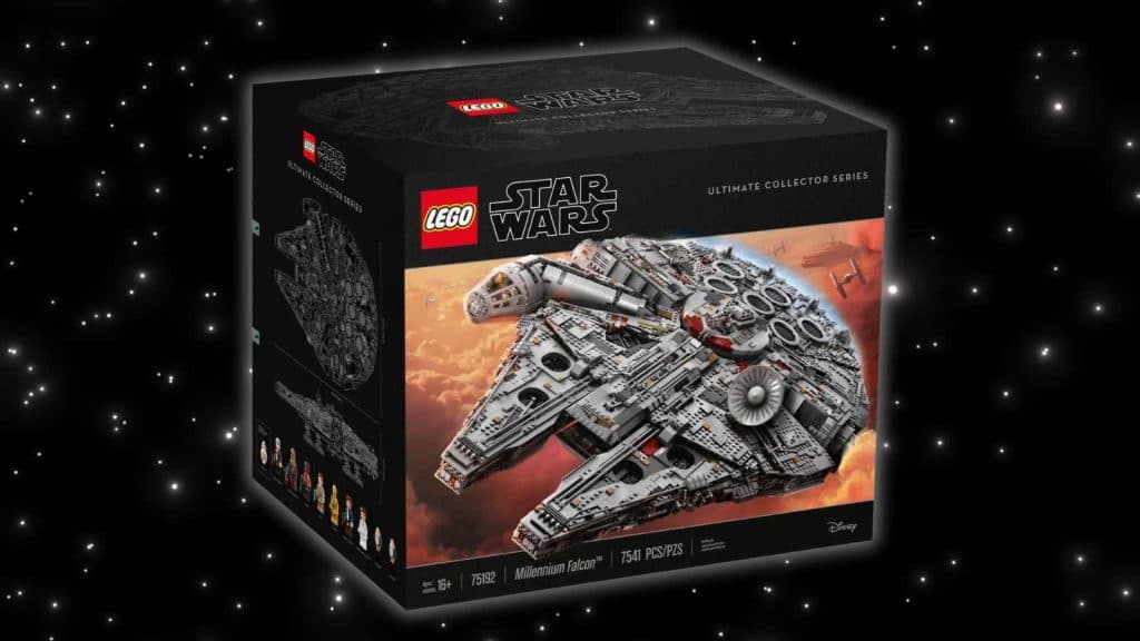 LEGO Star Wars Millennium Falcon on a galaxy background