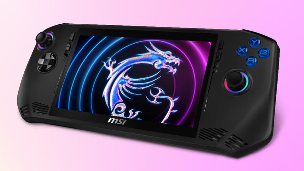 MSI Claw gaming handheld in black on a purple background