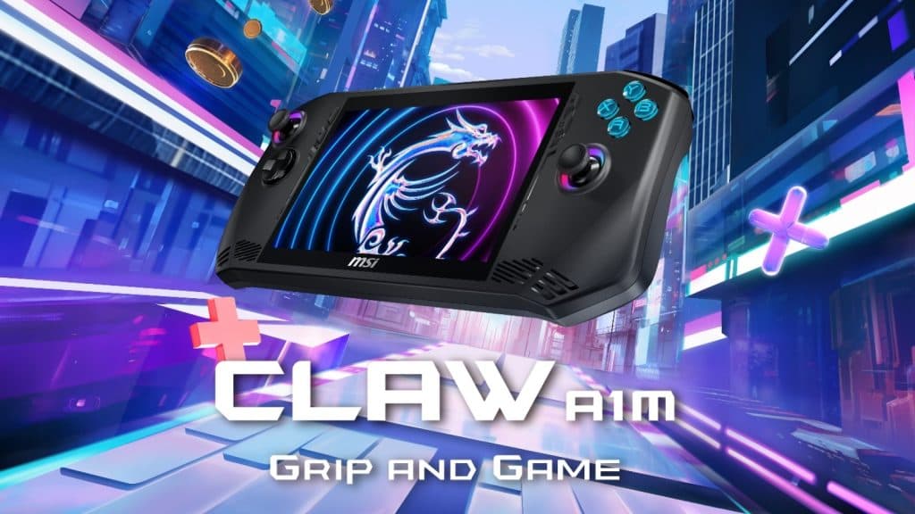 MSI Claw on neon soaked cyberpunk backlground with "Claw A1M" in white letttering