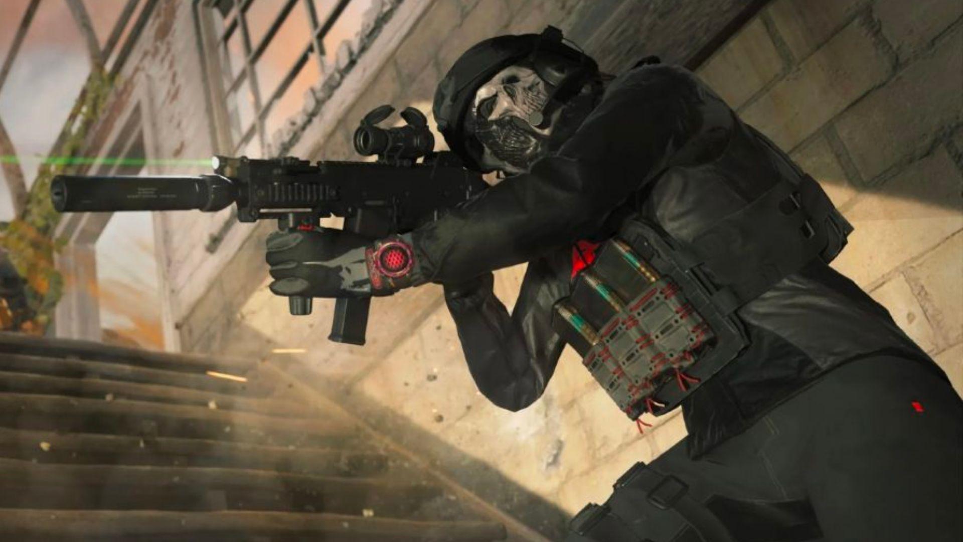 Ghost skin in Modern Warfare 3 standing on stairs aiming gun at enemy